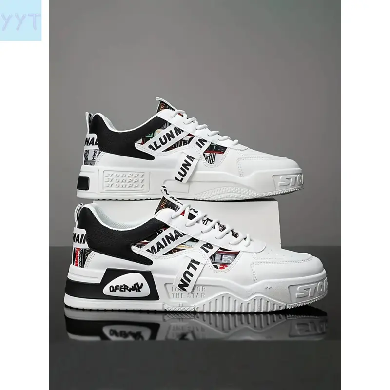 YYT1 Men's Fashion Comfortable Casual Skateboarding Shoes, Skater Shoes, Low Top Breathable PU Leather, Pattern Design, All Season Outdoor, Trending Shoes