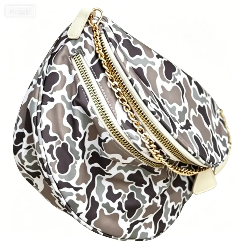 Curved Saddle Crossbody Bag in Streetwear Camo Print, Compact Lightweight Nylon with Gold Chain Accent for Daily Outings, Streetwear Look, Camo Shoulder Bags