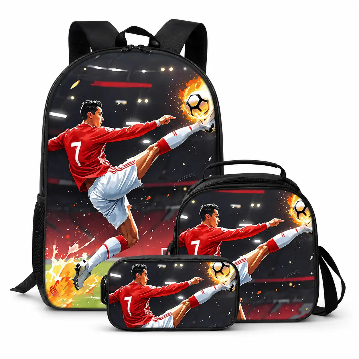 Football pattern printed 17-inch Youth Backpack For School three-piece set (single-layer backpack + round lunch bag with shoulder strap + single-layer pencil case) School Backpacks