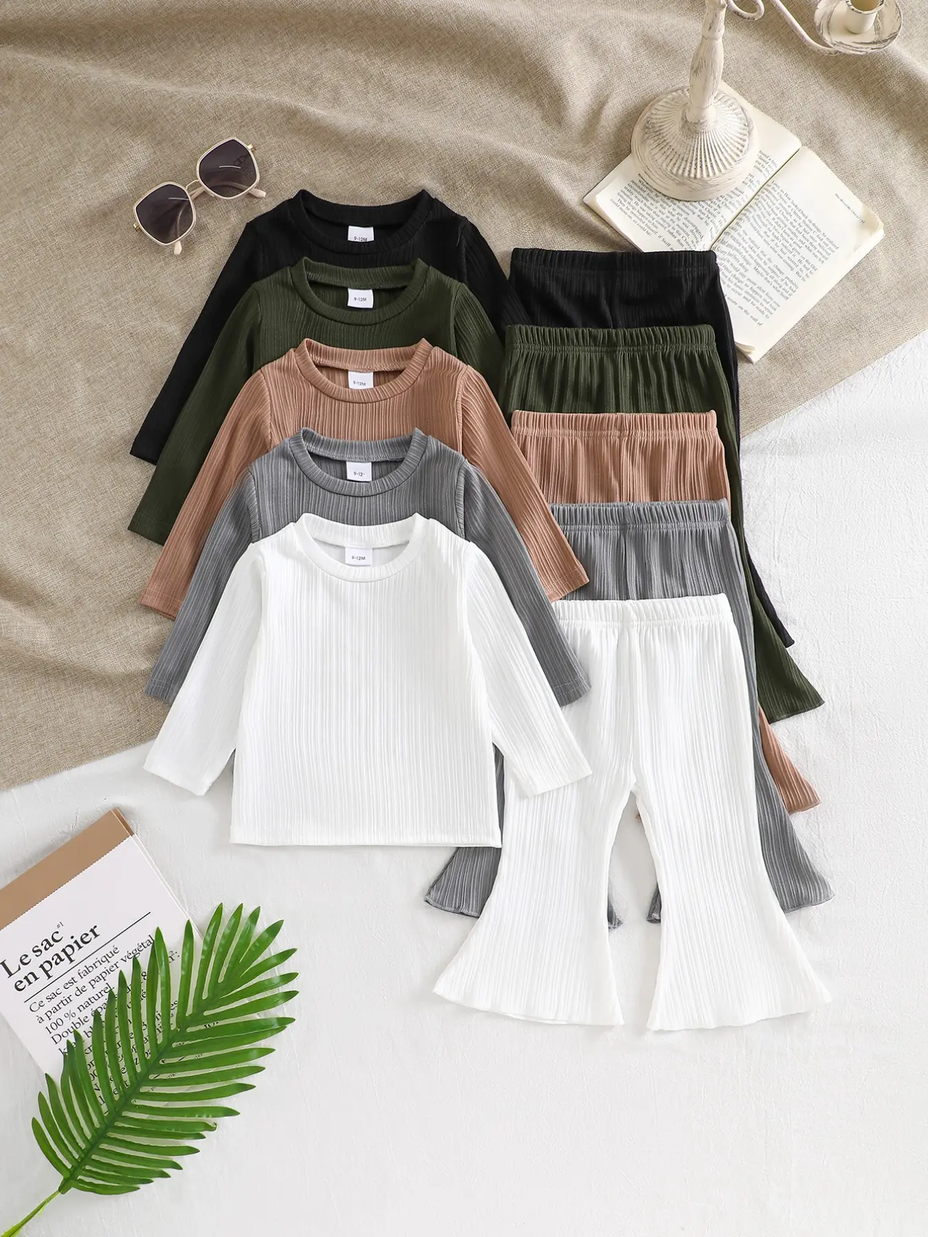 5 Sets/10 Pieces Kids Plain Knit Long Sleeve T-Shirts and Bell Pants, Outfit Sets, Comfortable Skin-Friendly, Ideal for Outdoor Activities