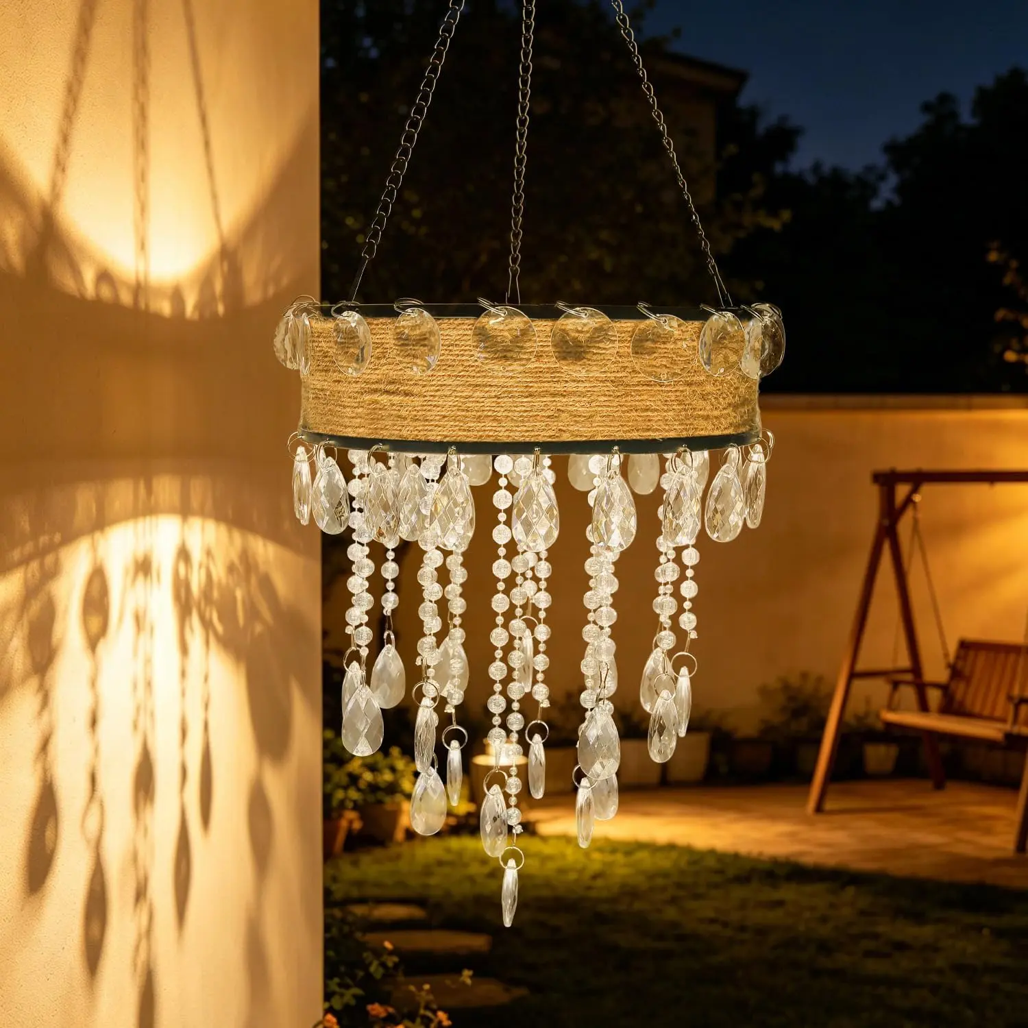 Solar Outdoor  Chandelier,  Rustic Rattan  Light with Bright Warm White LED, Decorative Pendant Lamp for Patio, Gazebo, Wedding, Party, Garden, Porch