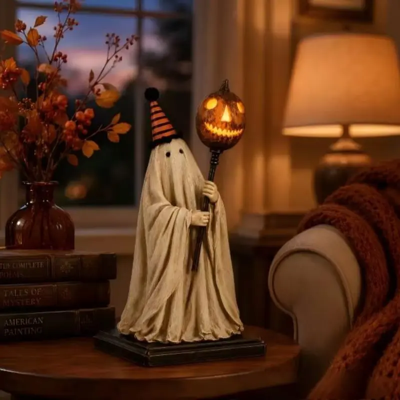 Ghost Wizard Statue Decor, Vintage Resin Indoor Desktop Ornament, Glow Pumpkin Wand Ghost Sculpture, Home Office Decoration