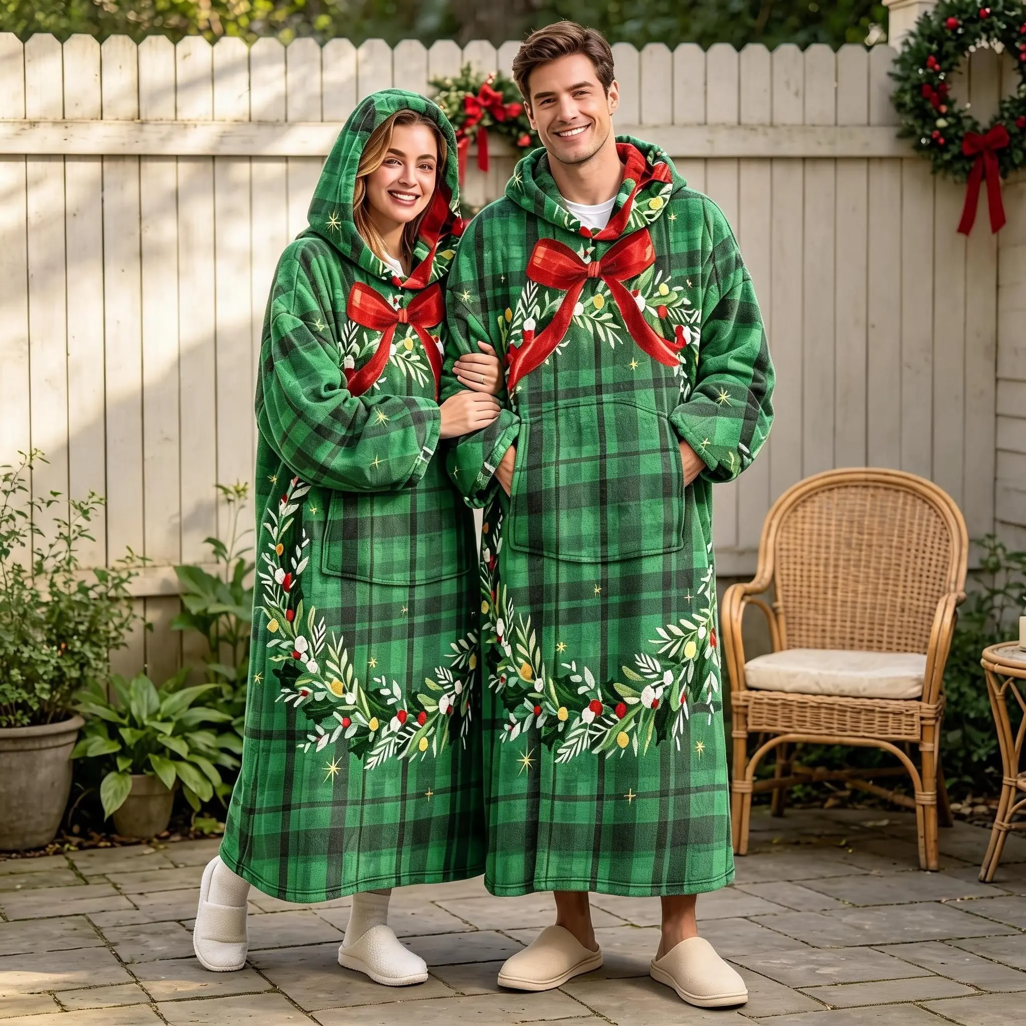 Unisex Flannel Long Sleep Robe, Plaid Christmas Wreath Bow Print, Soft Thick Home Bathrobe with Large Pockets, Festive Holiday Wear