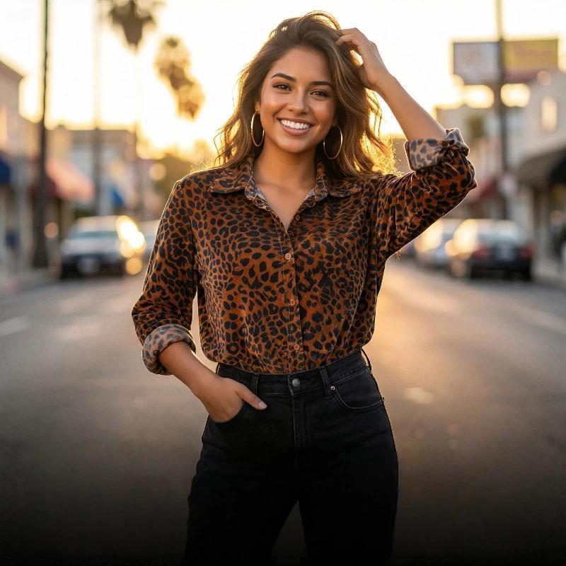 Leopard Print Collared Three Quater Sleeve Velvet Top Womenswear Fashion Blouses Shirts Elegance Soft Cute Fall Outfits