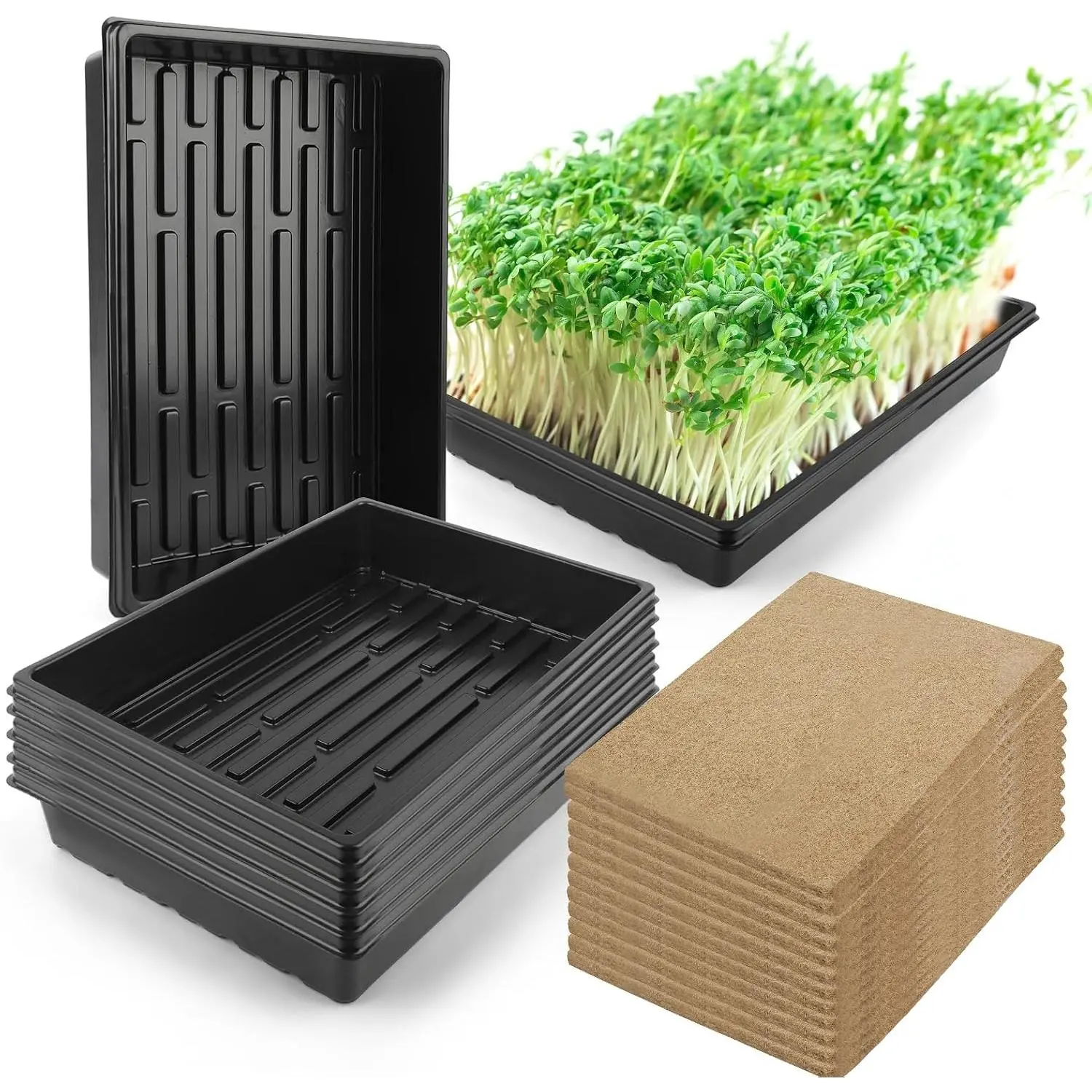 6 Pack Microgreens Growing Kit with 12 Hemp Fiber Grow Mats - Reusable Trays for Indoor Gardening, Wheatgrass, Sprouts & Hydroponic Seed Starting, 15x11x2.5 Inch
