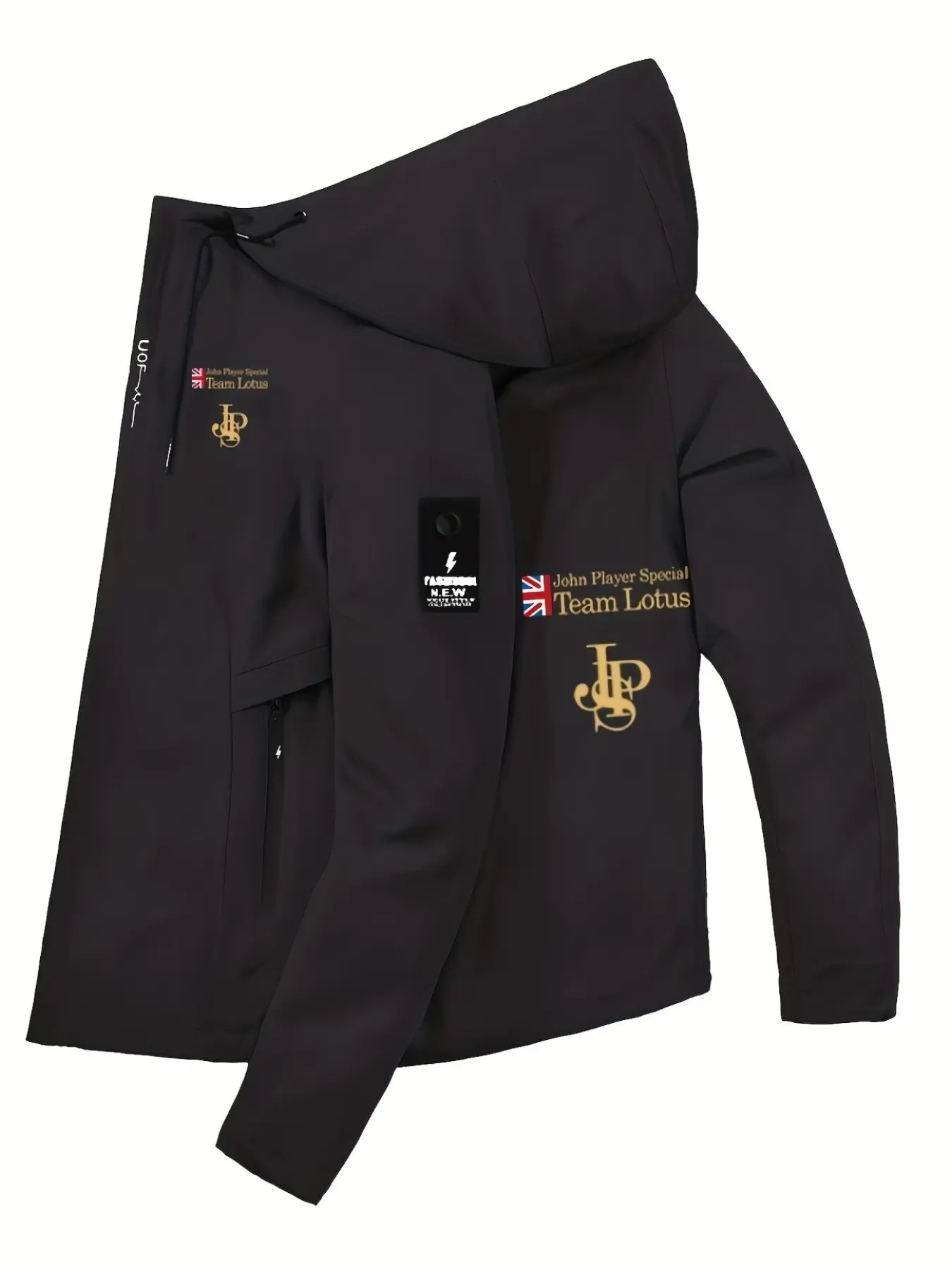 Men's Jps Logo Letter Jacket, Windproof Full Zip Hooded Coat, Adjustable Hat, Zipper, Casual Outerwear for Cycling, Outdoor, Daily Use