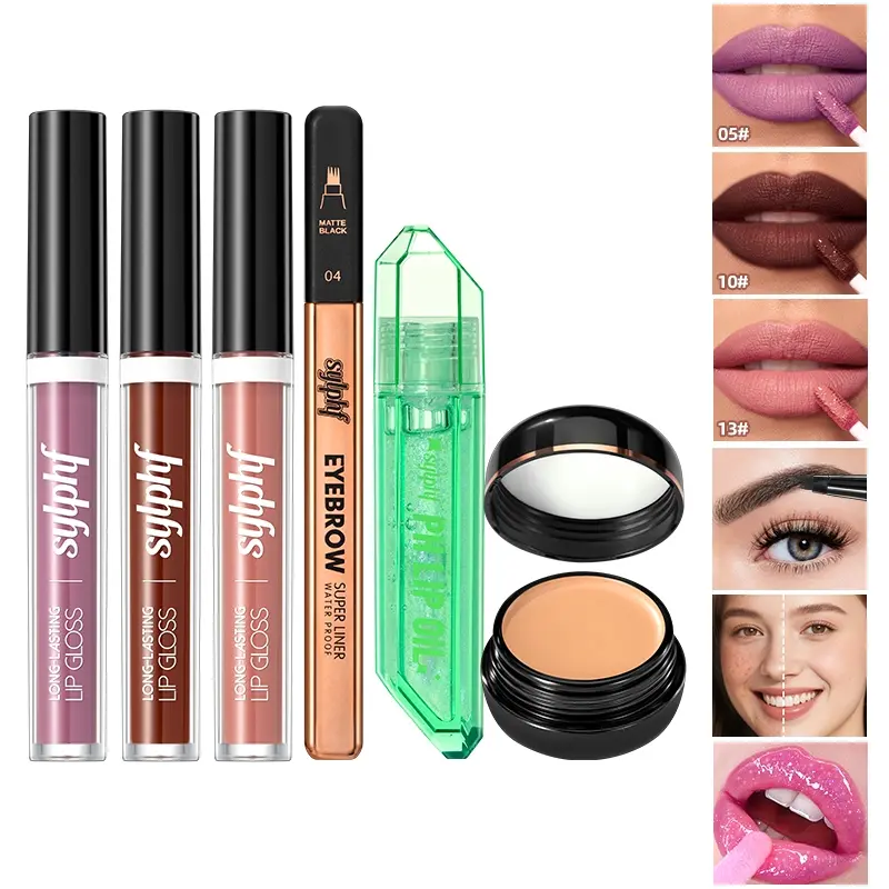 All-in-One Makeup Kit, Includes Lip Gloss Lip Oil Eyebrow Pen Concealer, Portable Full Face Cosmetic Set, Glossy Cosmetic Set