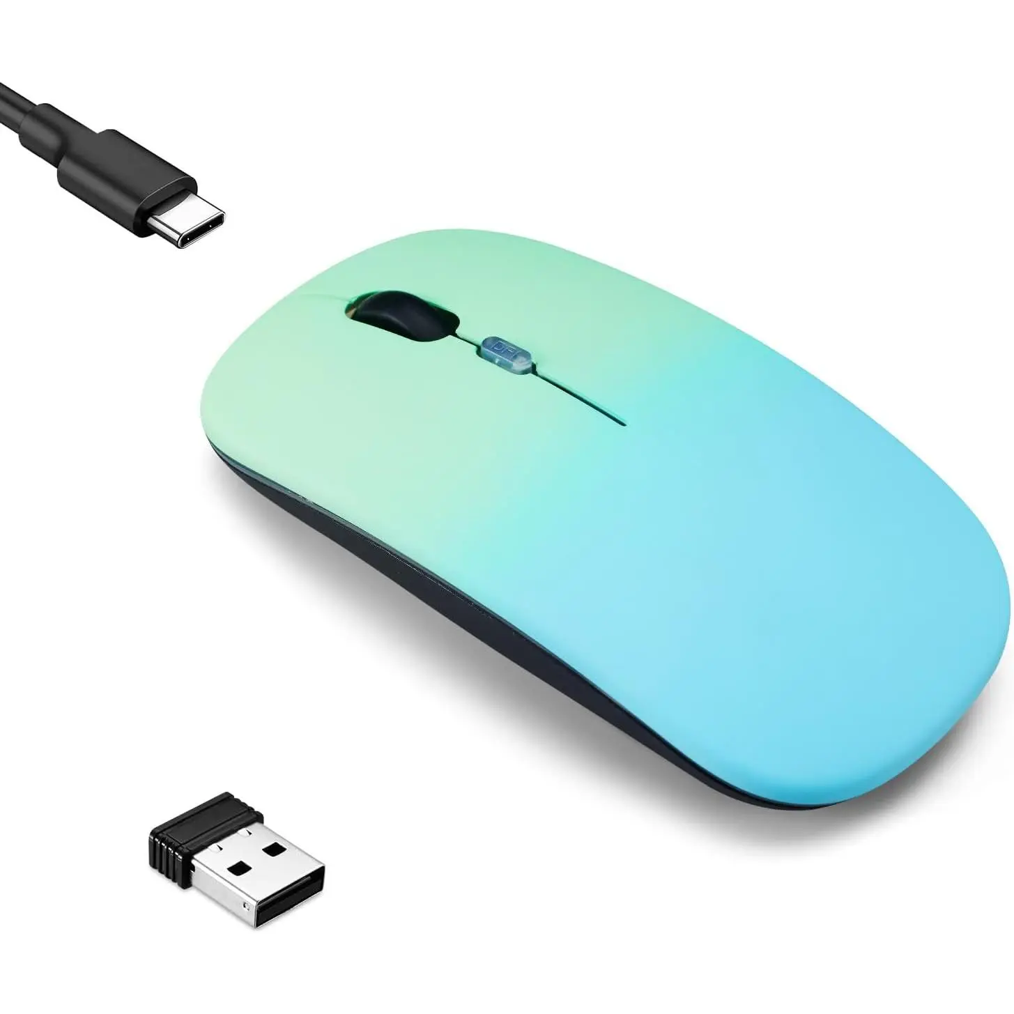 Silent Slim Rechargeable LED Click Mouse - BT5.2, USB Receiver Wireless Adapter, Remote Dongle, Rainbow RGB, for Laptop, Desktop, iPad Tablet (Greenish Blue), Rainbow Rgb Mouse, Remote Dongle Mouse