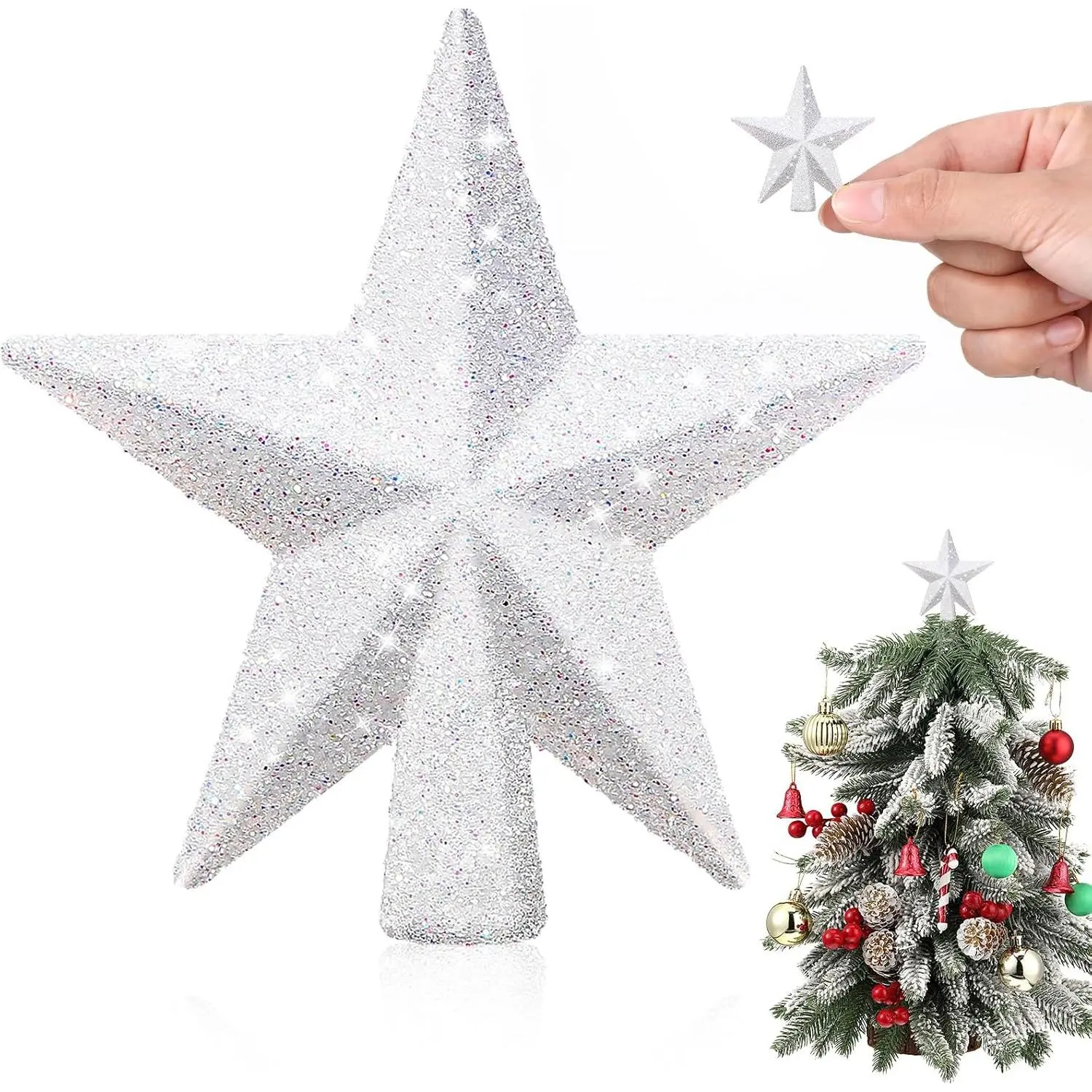 Christmas Tree Topper Mini  Small Treetop for Christmas Tree  Ornaments Decorative for  Xmas Holiday Party(White,2.36 Inch,Glitter)