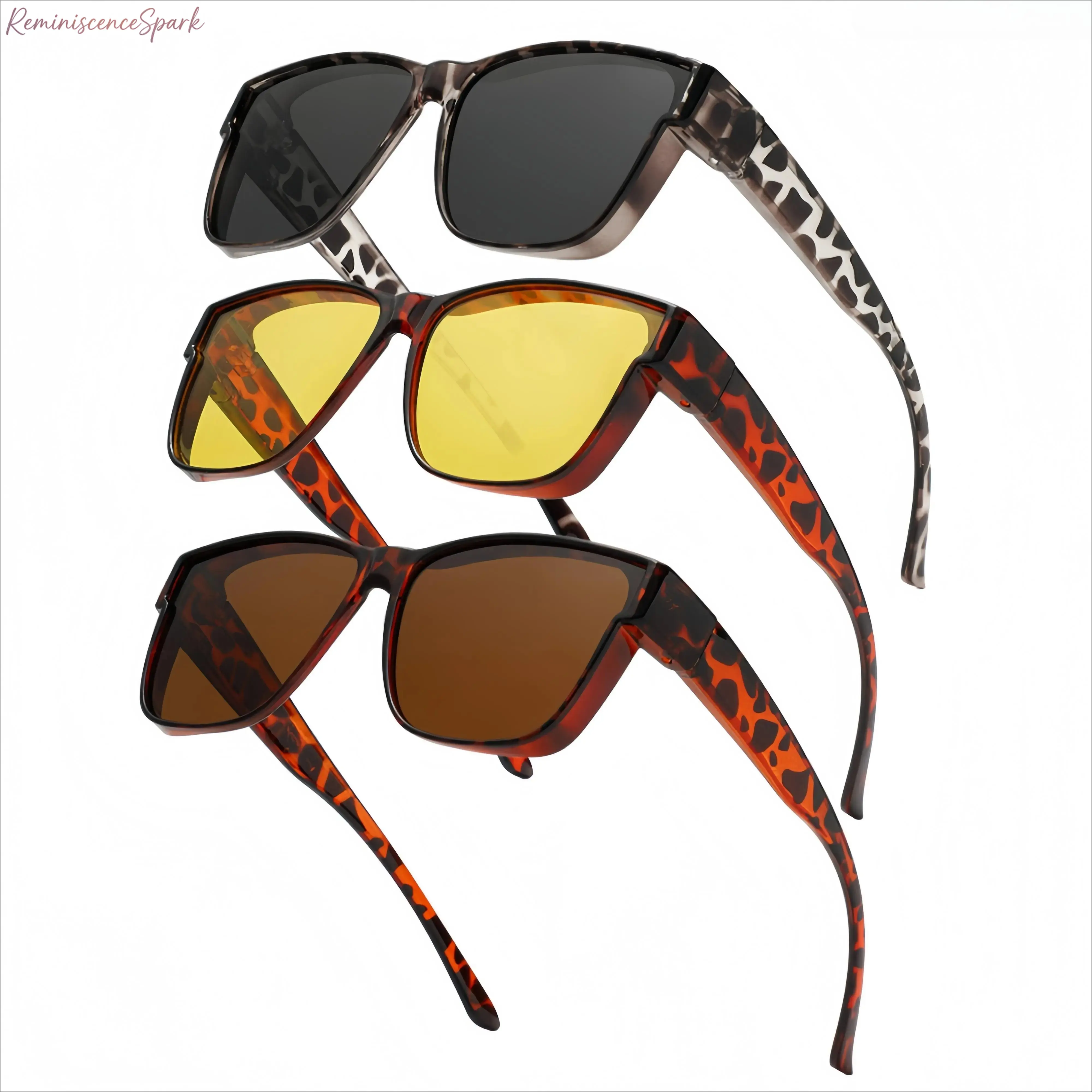 3-Pack Flip-Up Fit Over Sunglasses, Mirrored UV Protective Lenses, Dual-Use Over Prescription Eyeglasses, Lightweight Outdoor Shades, Practical Eyewear for Driving, Fishing, Cycling, Travel and Daily Outdoor Activities