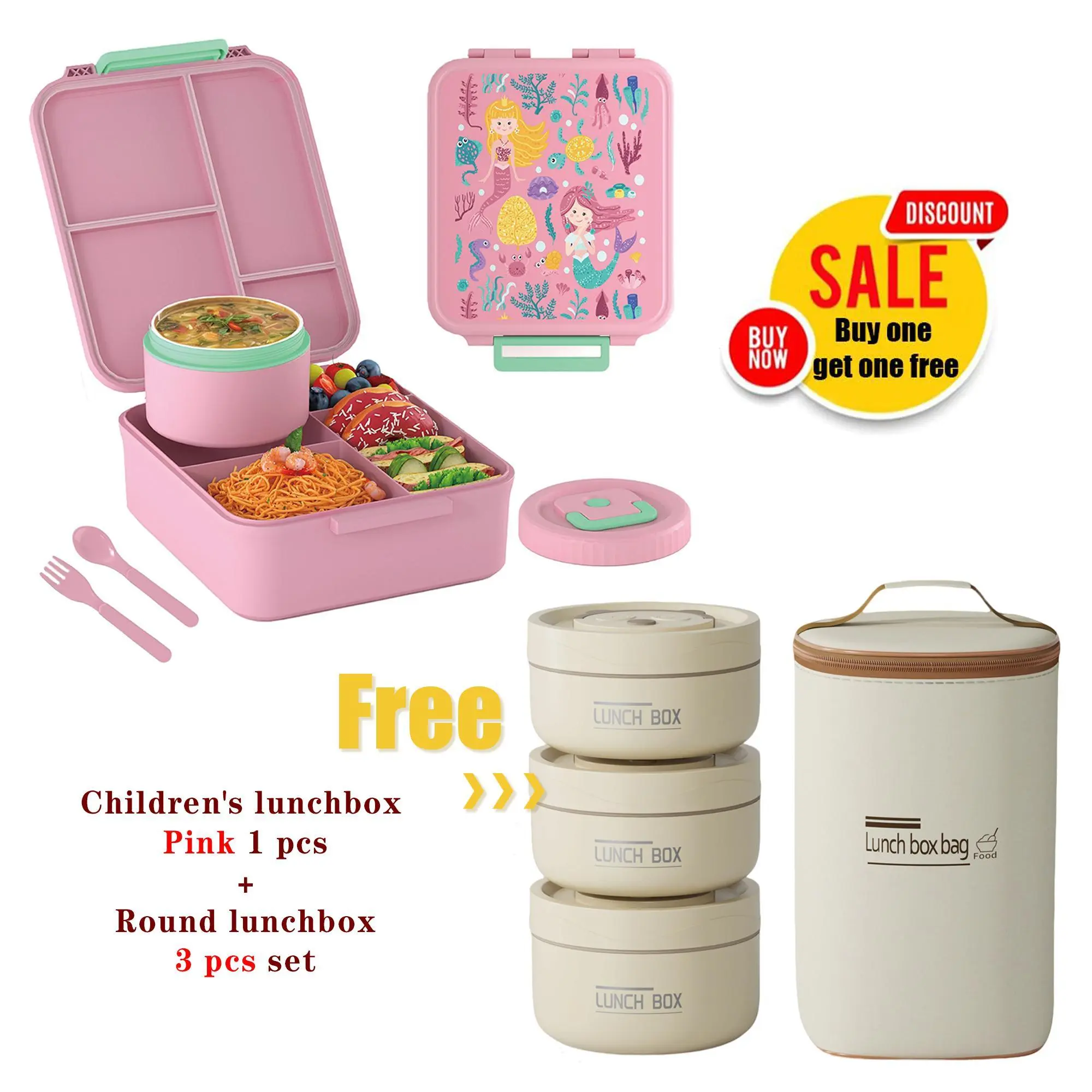 Nifogo Family Lunch Bundle Lunch Boxes & Tableware: Adult Panda Insulated Bento Box, Pink Kids 5-Compartment Set w/Soup Thermo, Leakproof Microwave-Safe for Office Workers & School Kids (Beige+Blue)