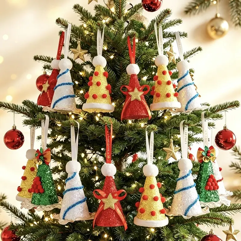 A Christmas cone-shaped sequin hat ornament for Christmas trees, featuring a soft and cute childlike style, available in multiple colors, compact and versatile for hanging, suitable for decorating the home living room, bedroom, and Christmas tree