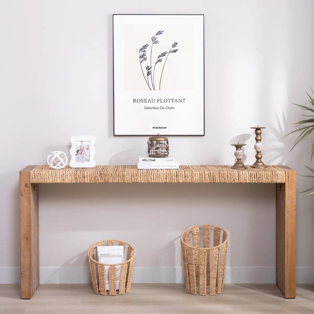69-in Oversized Rustic Natural Seagrass Console Table - 15-in Deep Handwoven Top, Durable Engineered Wood Frame, Wood Base, Easy Setup, Bohemian Decor, Transitional Decor, Natural Grass
