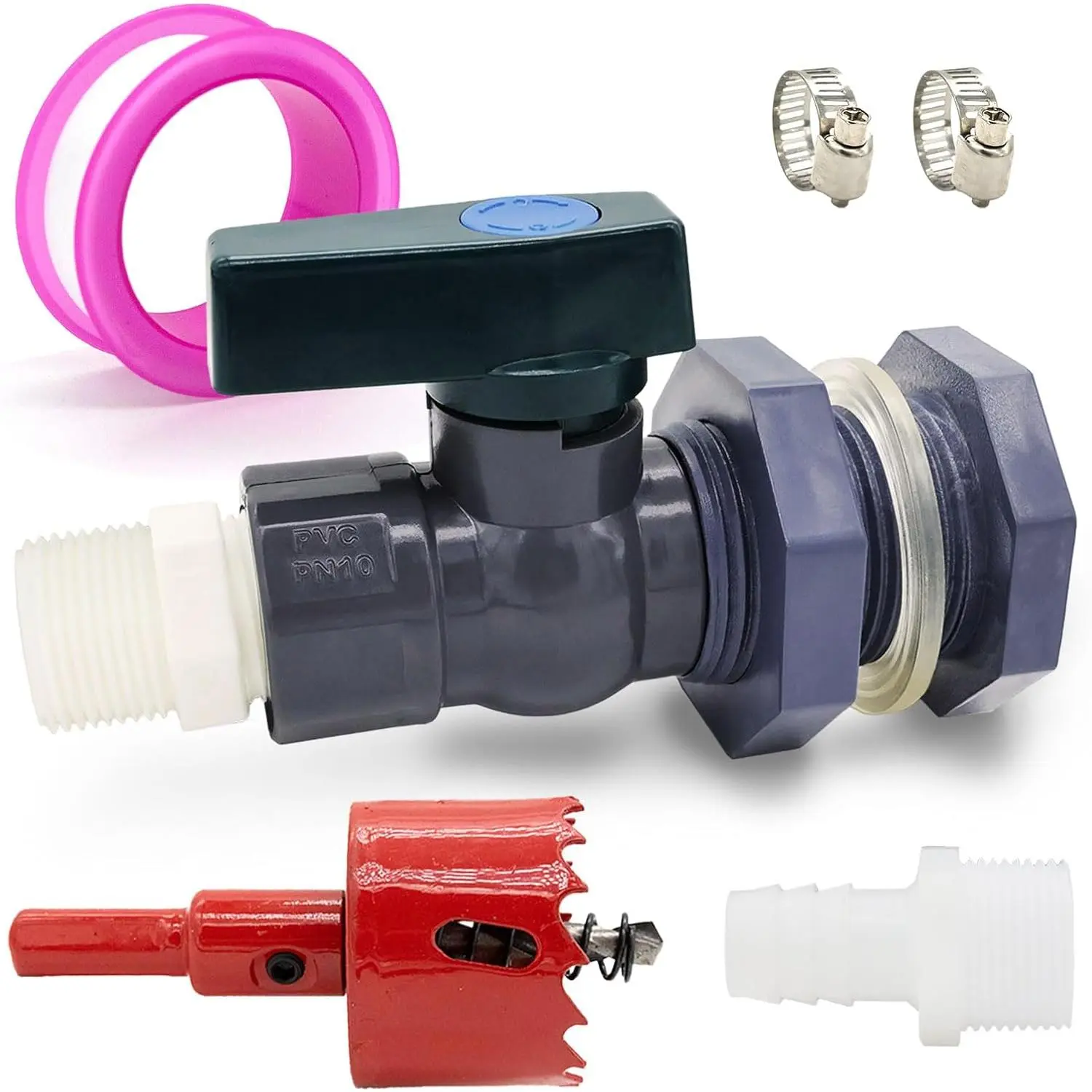 PVC Rain Barrel Diverter Kit Rain Barrel 3/4 Inch Spigot Kit with Bulkhead Fitting, Hose (25mm/1" + 16mm/0.63") Adapter, Hole , Ball Valve, Clamps, Thread Seal Tape