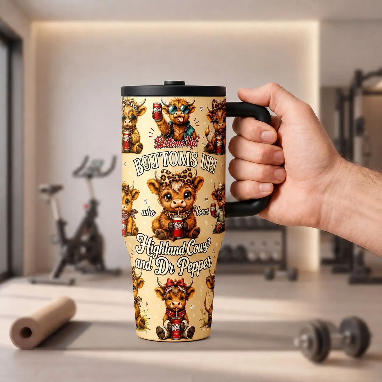 1pcs 40oz Highland Cow Dr Pepper Tumbler with Handle and Straw, Western Cow Leopard Print Seamless Insulated Travel Mug, Insulated Drinkware, Large Capacity Stainless Steel Water Cup for Cow Lovers Western Style Fans Birthday Gift