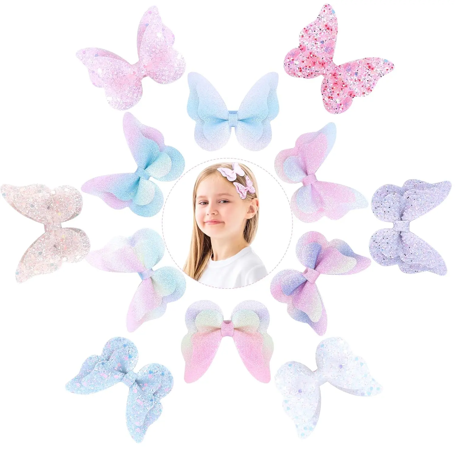 Rainbow Glitter Butterfly Hair Clips Set for  and  - 12 count Sparkly Sequin Bows