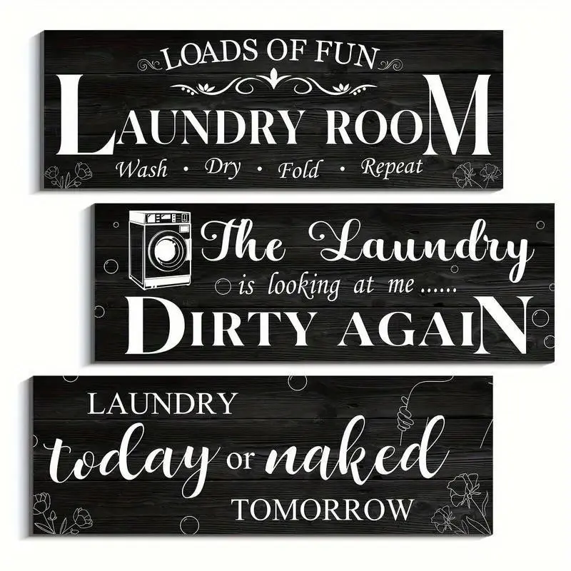 Wooden Laundry Room Cleaning Theme Hanging Sign, 3 Counts/set Wall Art with Double-sided Tape, Wall Decor Plaque, House Decor Aesthetic Room Decoration for Home Bathroom Living Room Bedroom Office, Rustic Farmhouse Design
