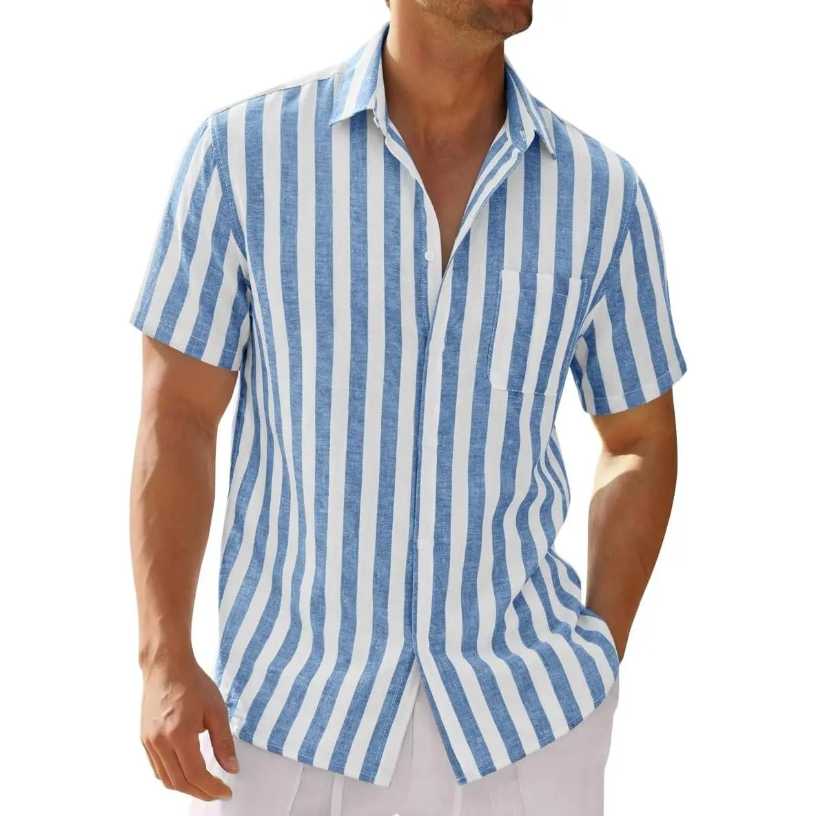 AOYSKY Menswear Men’s Linen Short-Sleeve Striped Casual Button-Down Top - Men’s Clothes, Shortsleeve, Casual Outdoor, Beach Life Style for Summer Vacation, Beach Life Shirt