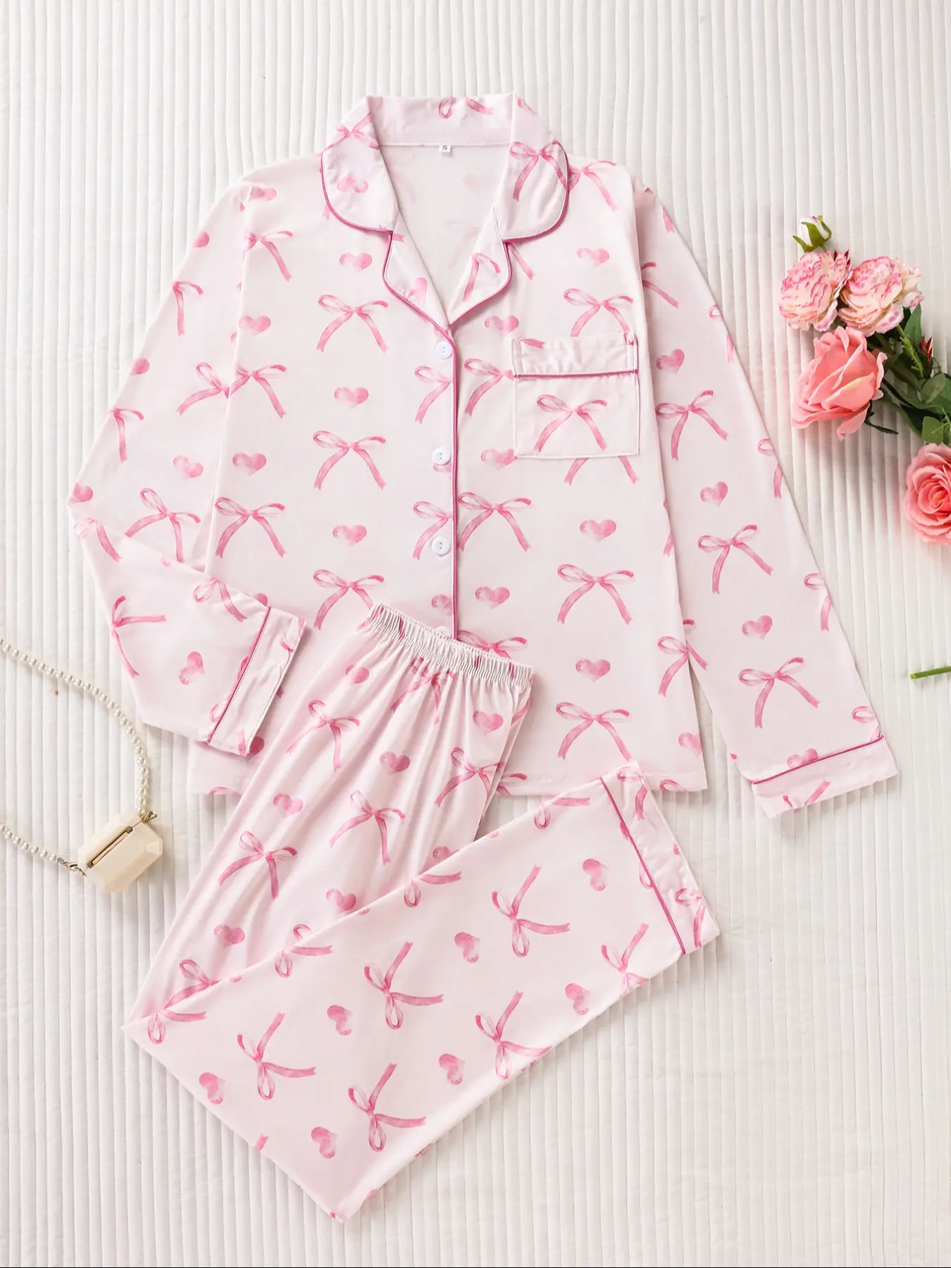 Sweet Bow Heart Print Two-Piece Womens Sleepwear, Soft Skin-Friendly Fabric Long Sleeve Button Top and Pants Set, Cute Cozy Pajama Set for All Seasons