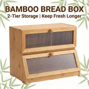 LDQ 2-Tier Natural Bamboo Bread Box with Roll-Top Doors, No Odor Transfer Kitchen Countertop Food Storage Organizer for Bread, Fruits, Snacks | for Kitchen, Pantry, Living Room & Dining Room