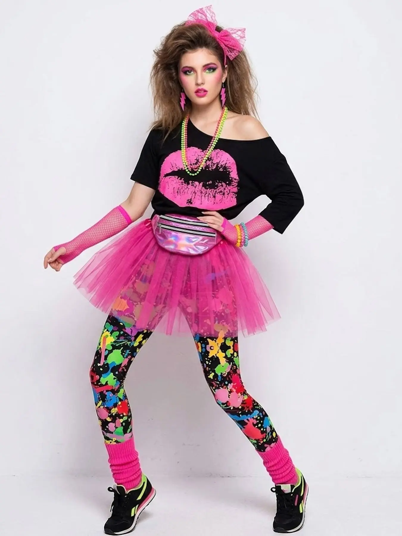 Retro 80s Style Drop Shoulder Short Sleeve T-Shirt For Women, Party Stage Performance Outfit With Tutu Skirt, Waist Bag And Jewelry Accessories Set