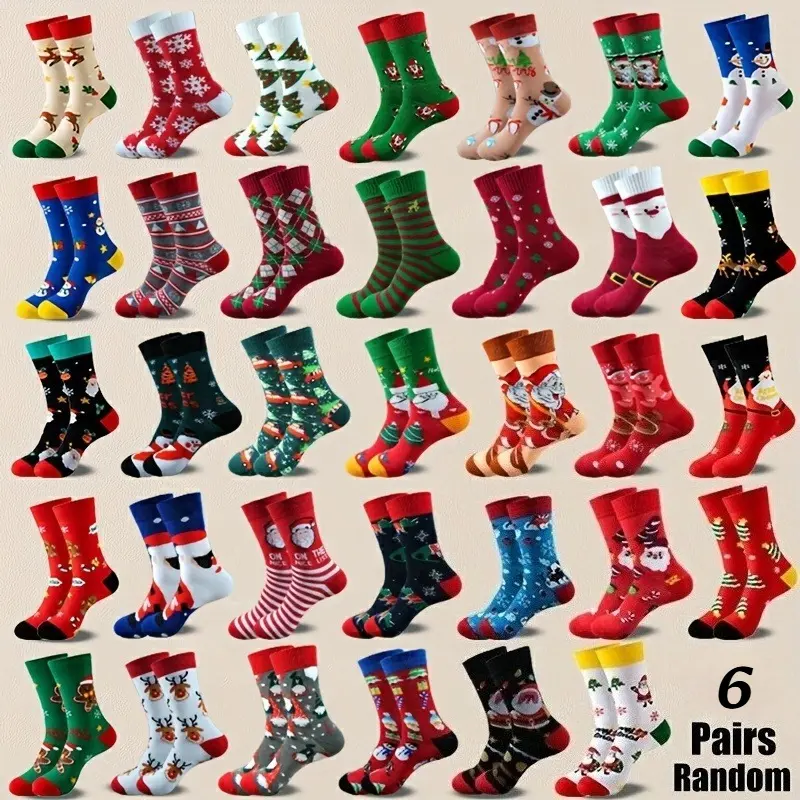 6Pairs Reindeer Snowman Multi Pattern Christmas Socks Set, Christmas Countdown Calendar Gift Box Socks, Comfortable, Soft and Thick Christmas Themed Home Floor Socks, Sleep Socks, Holiday Outfits, A Great Choice for Gifts