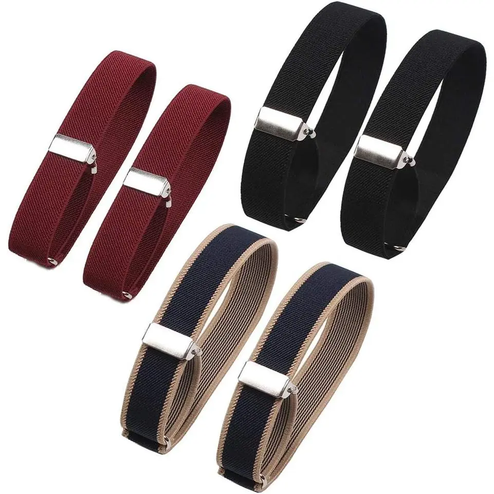 6 count (3 Pairs) Unisex Elastic Adjustable Armbands Anti-Slip Shirt Sleeve Holders Adjustable Arm Shirt Garters Hold Up Sleeve Garters Elastic Armbands, Black, -red, Blue with Beige
