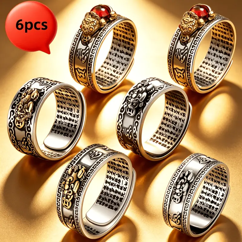 6pcs Unisex Feng Shui Pixiu Rings - Engraved Symbols Lucky Rings for Wealth Attract & Ward Off Evil, Boost Career Luck, Adjustable Open Band Rings, Ideal Gift for Mother's Day Father's Day, Good Luck Jewelry for Men Women