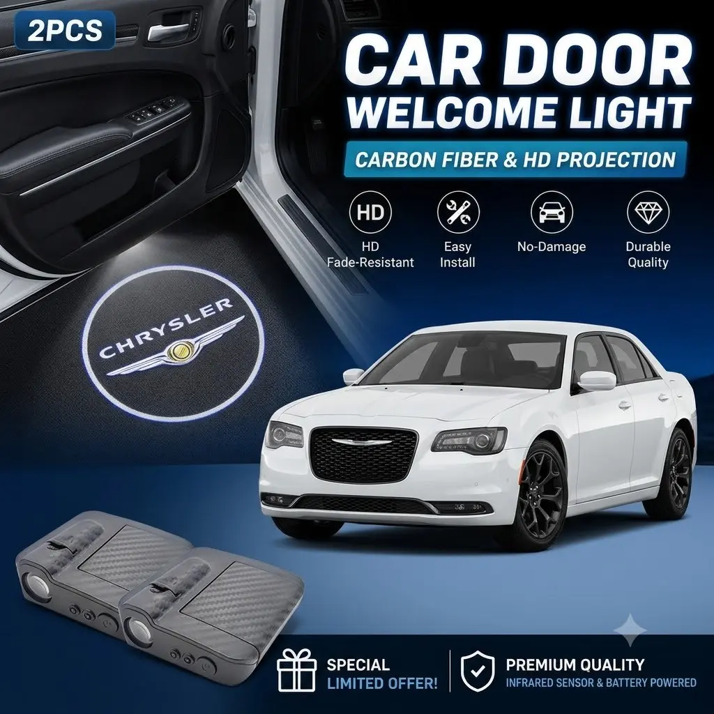 2pcs Chrysler door interior decorative lights, Door Projector Lights, Infrared Induction Door Welcome Lights, Car Welcome Lights, Auto Illumination at Night, Battery Powered, No-Damage Installation, Batteries Not Included