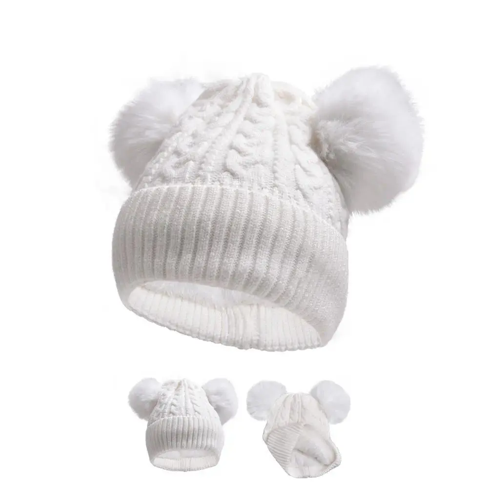Knit Beanie Hat, Viral Clean Girl White Cable Knit Double Pom Pom Skull Cap, Plush Lined Bear Ear Winter Warm Headwear, Effortless Aesthetic Casual Street Accessory