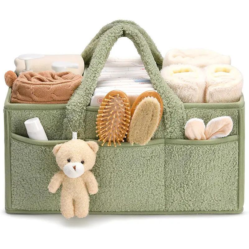 Teddy Plush Fleece Diaper Caddy Organizer - Unisex Large-Capacity Travel Storage Tote Bag for Nursery Essentials, Portable Mommy Luggage Bag