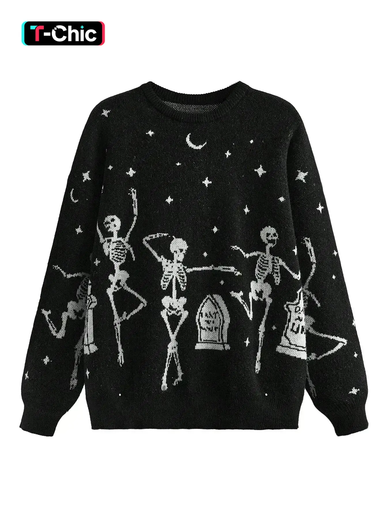 Halloween Skull Graphic Knit Silly Pullover Sweater, Vintage Fashion Colorblock Round Neck Jumper, Soft Comfortable Casual Wear, Knitwear Garment, Fall Winter Knitwear