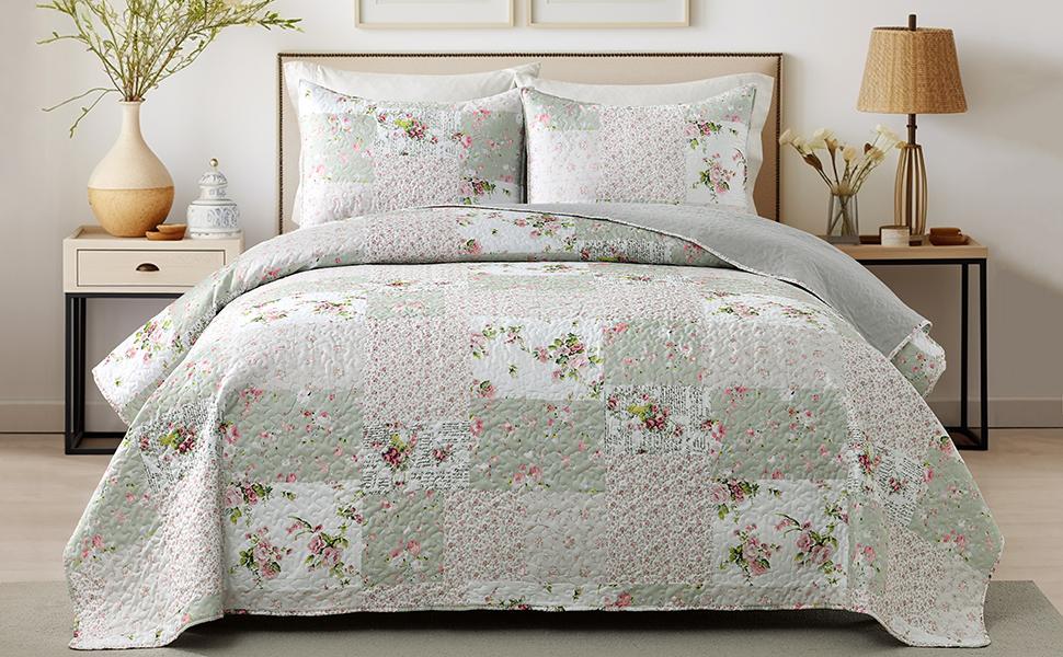 GREAGLE Quilt Set Queen Size, 3 Pieces Bedspread Coverlet Plaid Patchwork Quilt Farmhouse Queen Size Comforter Set Lightweight Bedding with 2 Pillow Covers Shams for All Season Gray Brown White cozy sheets