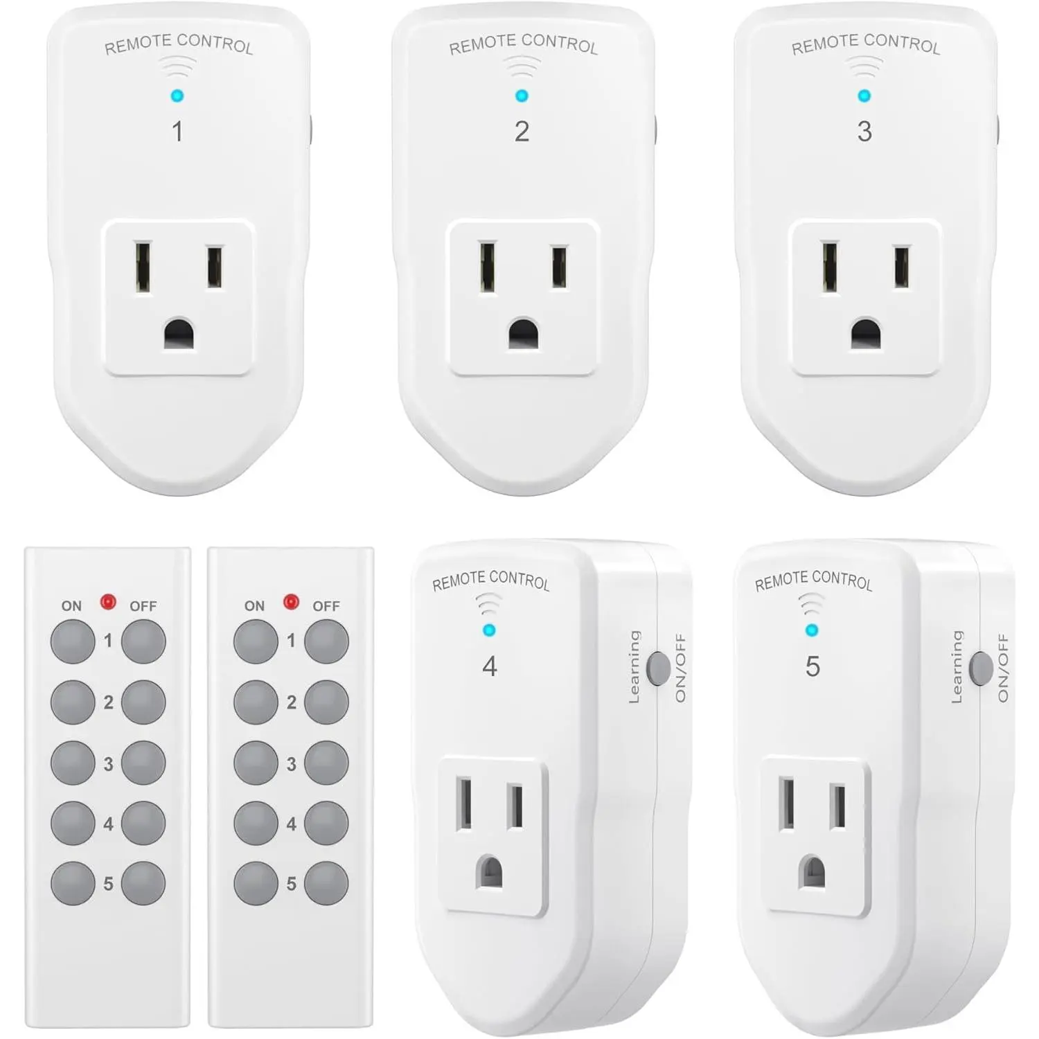Remote Control Outlet Electrical  for Lights, Fans, Christmas Lights, Small Appliance, 100ft Long Range White (Learning Code, 5Rx-2Tx) 1200W/10A, ETL & FCC Certified