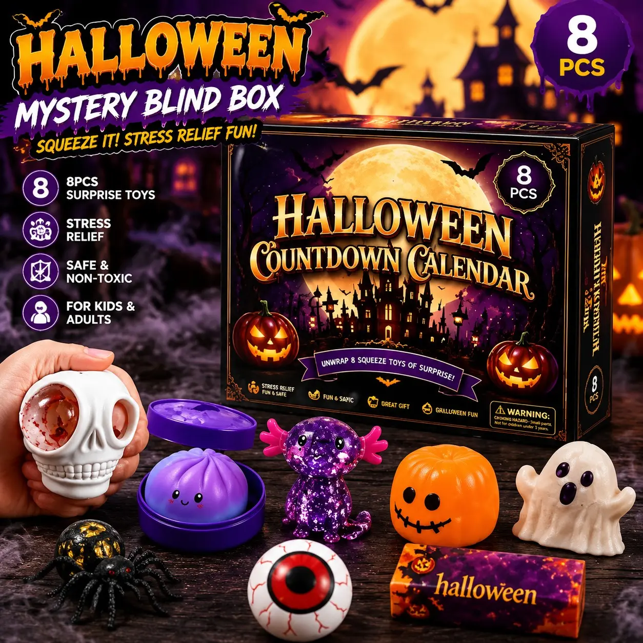 Halloween Mystery Blind Box Fidget Toys, 8pcs Spooky Surprise Sensory Squeeze Toys, Stress Relief Collectible Gifts for Kids & Adults