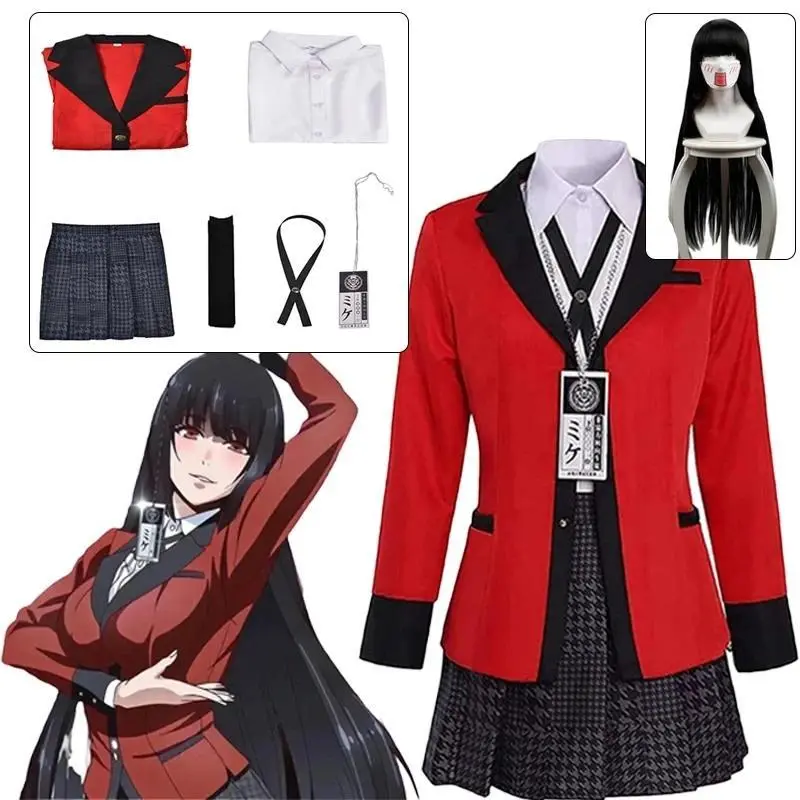 Kakegurui Jabami Yumeko Sayaka Compulsive Gambler Anime School Girl Uniform Full Set, Women's Pleated Skirt Clothes & Accessories for Halloween Cosplay