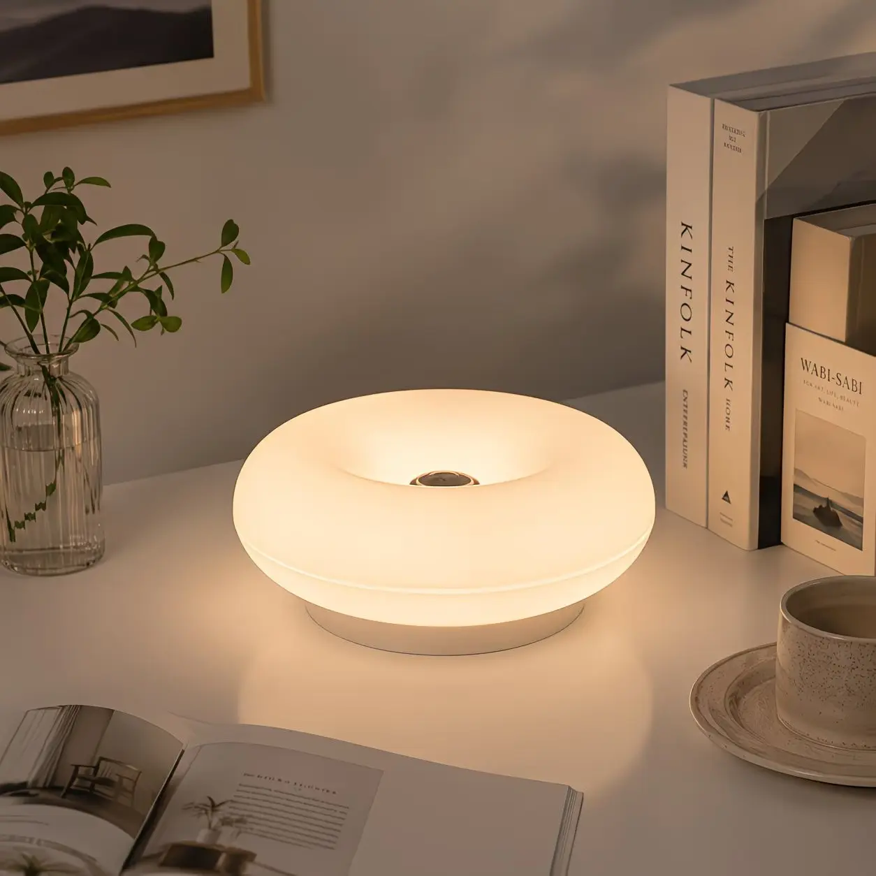 A minimalist, atmospheric, Donut mood lamp, donut-shaped lamp, versatile for tabletops, desks, or walls, features rechargeable power, three color temperatures, and stepless dimming—perfect for living rooms, bedrooms, or as a holiday gift