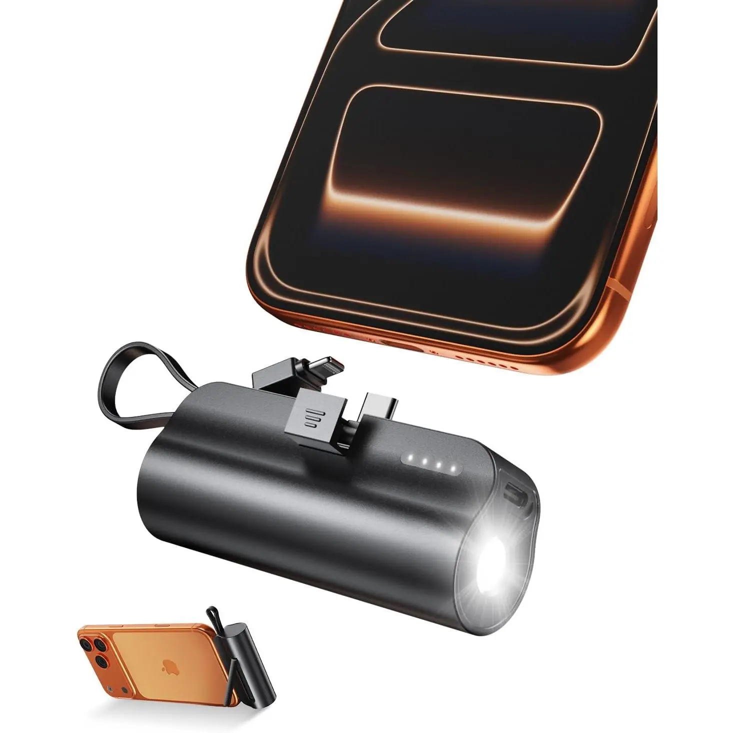 5000mAh Mini Portable Power Bank with Built-in USB Type-C Connector & Cables, 5V 2.4A Dual-Output External Battery Pack with Flashlight for Mobile Accessories, iPhone 17-12 Pro, Galaxy, iPad (Black), 2.4A Fast