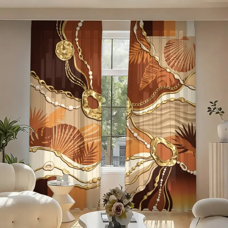 2-Piece American Luxury Wave Shell Pearl Curtains, Vintage Caramel Palm Leaf Gold Art Print, Semi-Sheer, Home Decor, Bedroom, Office, Kitchen, Living Room, Study