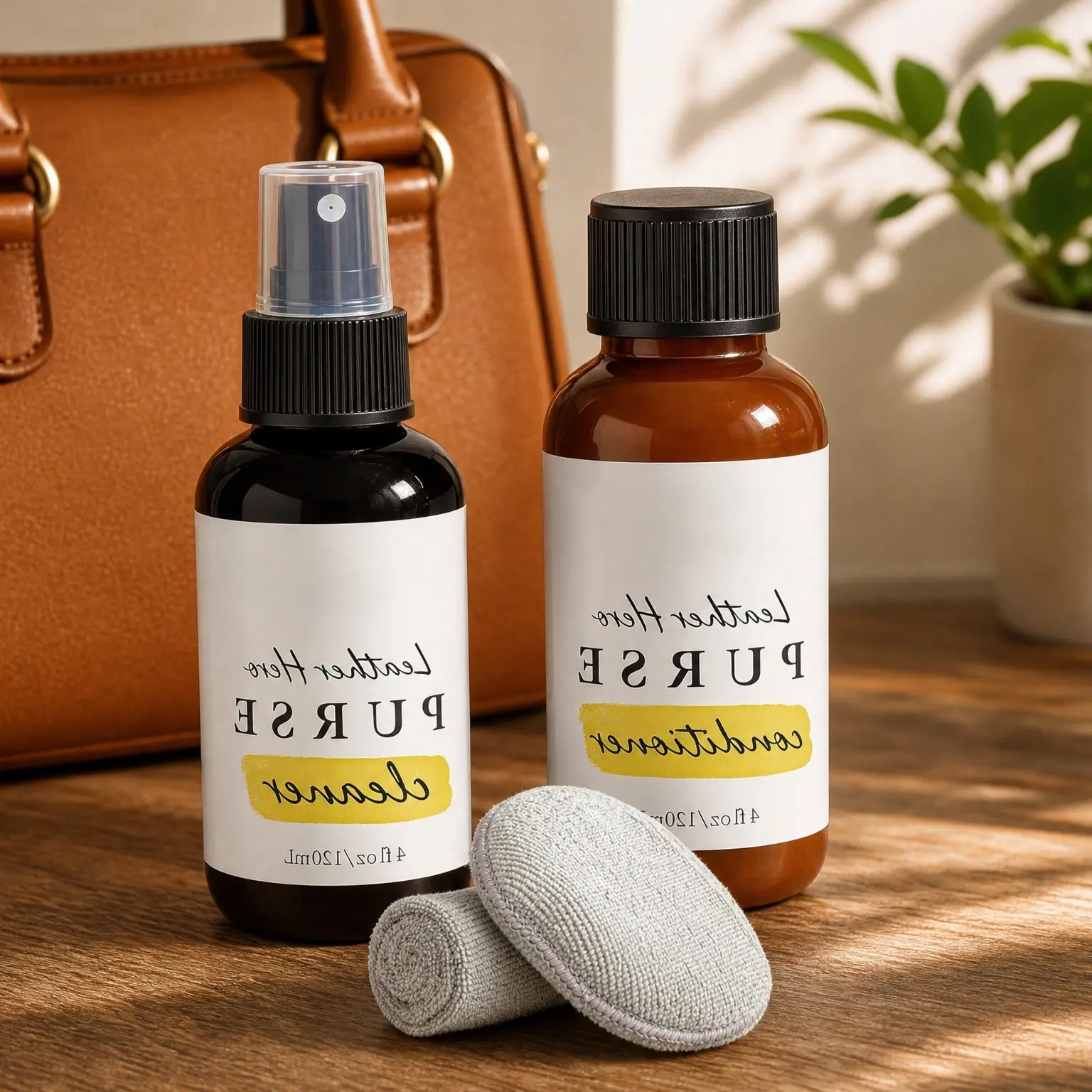 Leather Purse Cleaner & Conditioner Kit – 4pc Set with 4oz Cleaner, 4oz Conditioner, Microfiber Cloth & Applicator Sponge – Leather Bag & Handbag Care for Luxury Purses & Designer BagsGift