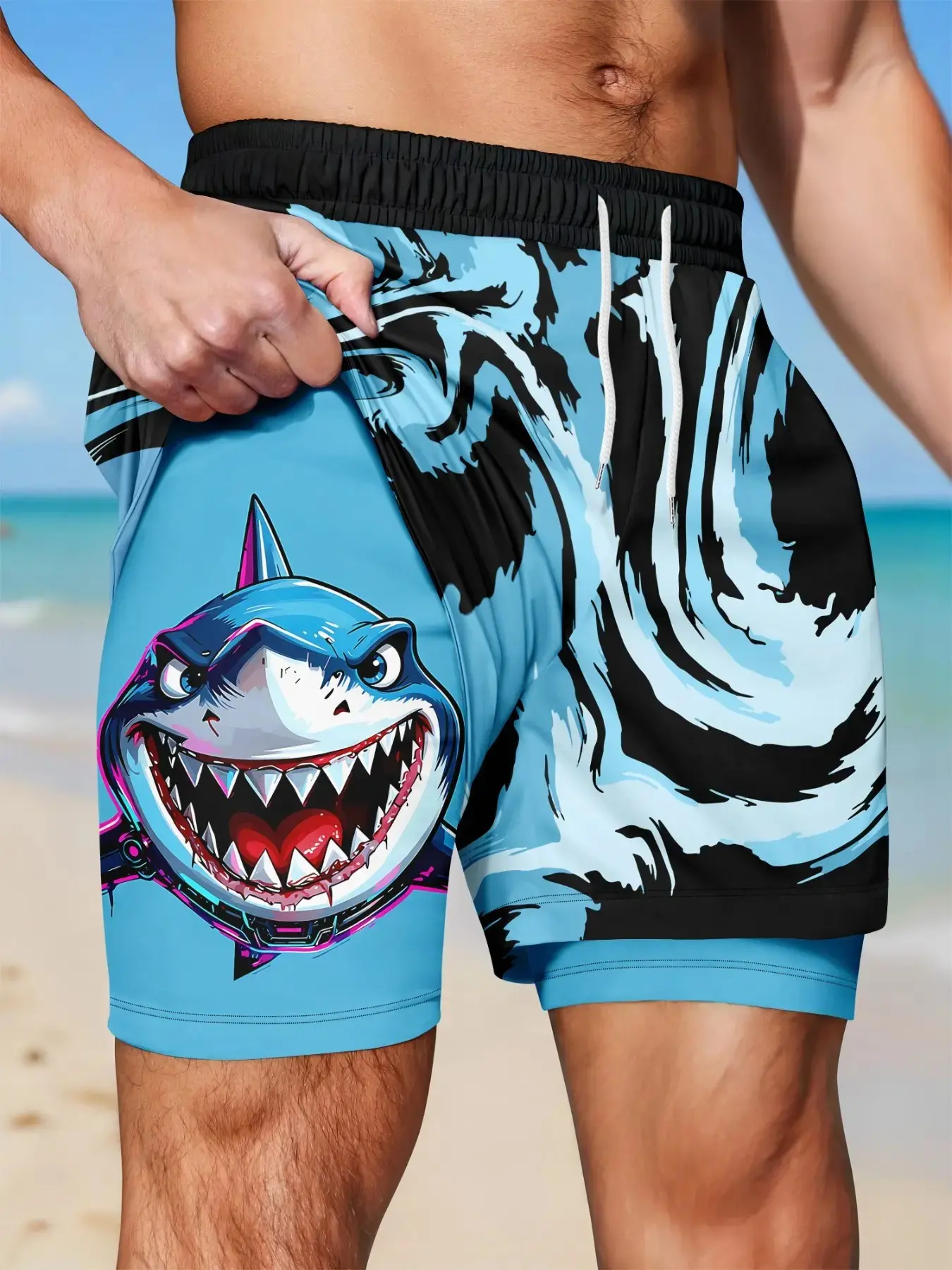 Men's Dual-Layer Anti-Abra Swing Shorts, Cool Graffiti Shark Print, Wave Pattern, Blue Inner Lining, Quick-Dry Beach Shorts