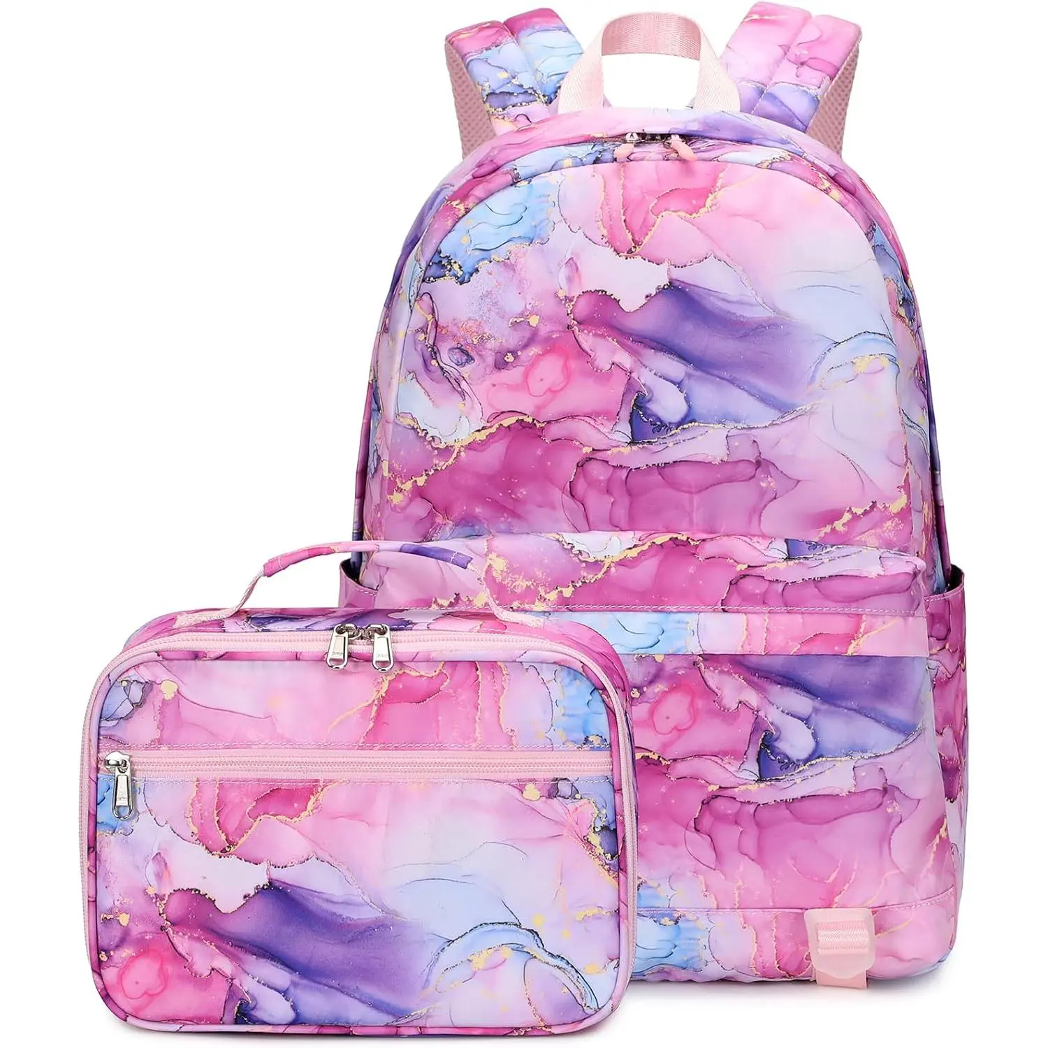 Marble Print Backpack with Lunch Box for Elementary Primary Students, Nylon Fabric, Modern, Lightweight, Water Resistant, Roomy Size for School Use