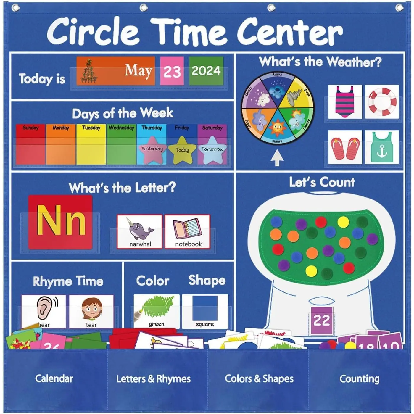 Classroom Pocket Chart Preschool, Educational Pocket Chart Teaching Materials, Learning Calendar Weather Counting Letter Color Shape