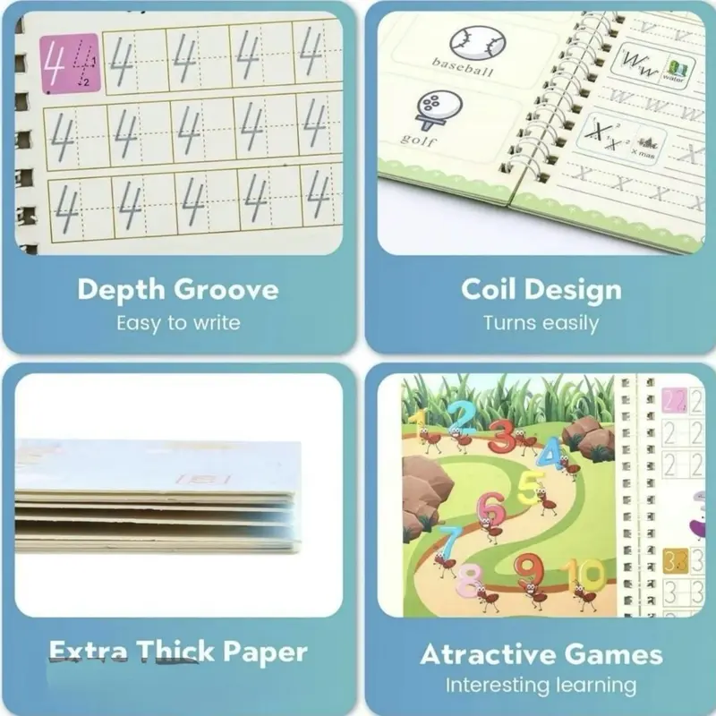 Magic Practice Scribe Book Set, 4 Counts/set Reusable Number & Letter & Math & Drawing Practice Scribe Book with 1 Pen, 6 Refill & 1 Pen,mess free and useful