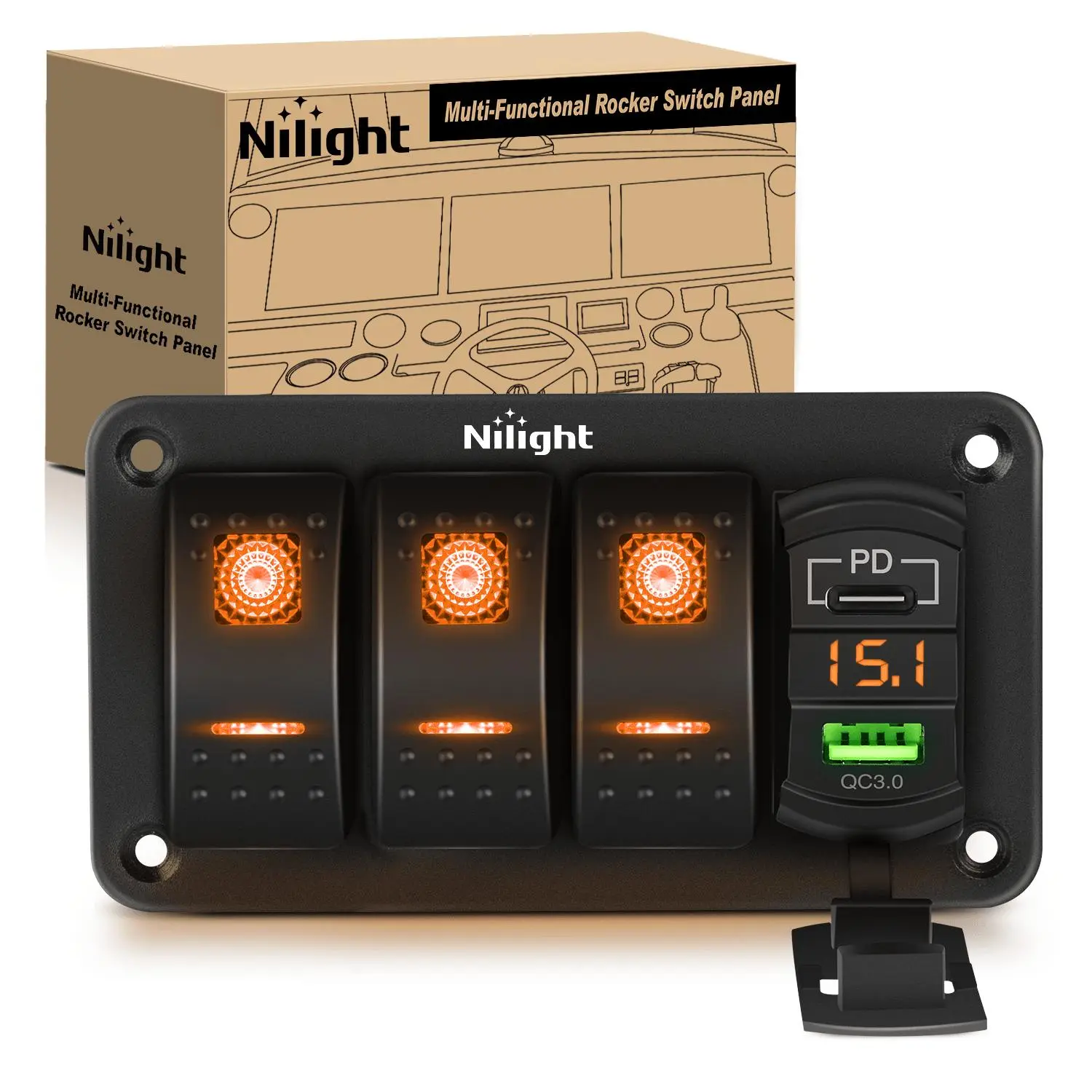 Nilight 3 Gang Switch Panel With QC3.0 & PD Charger And Voltmerter with Orange Backlit