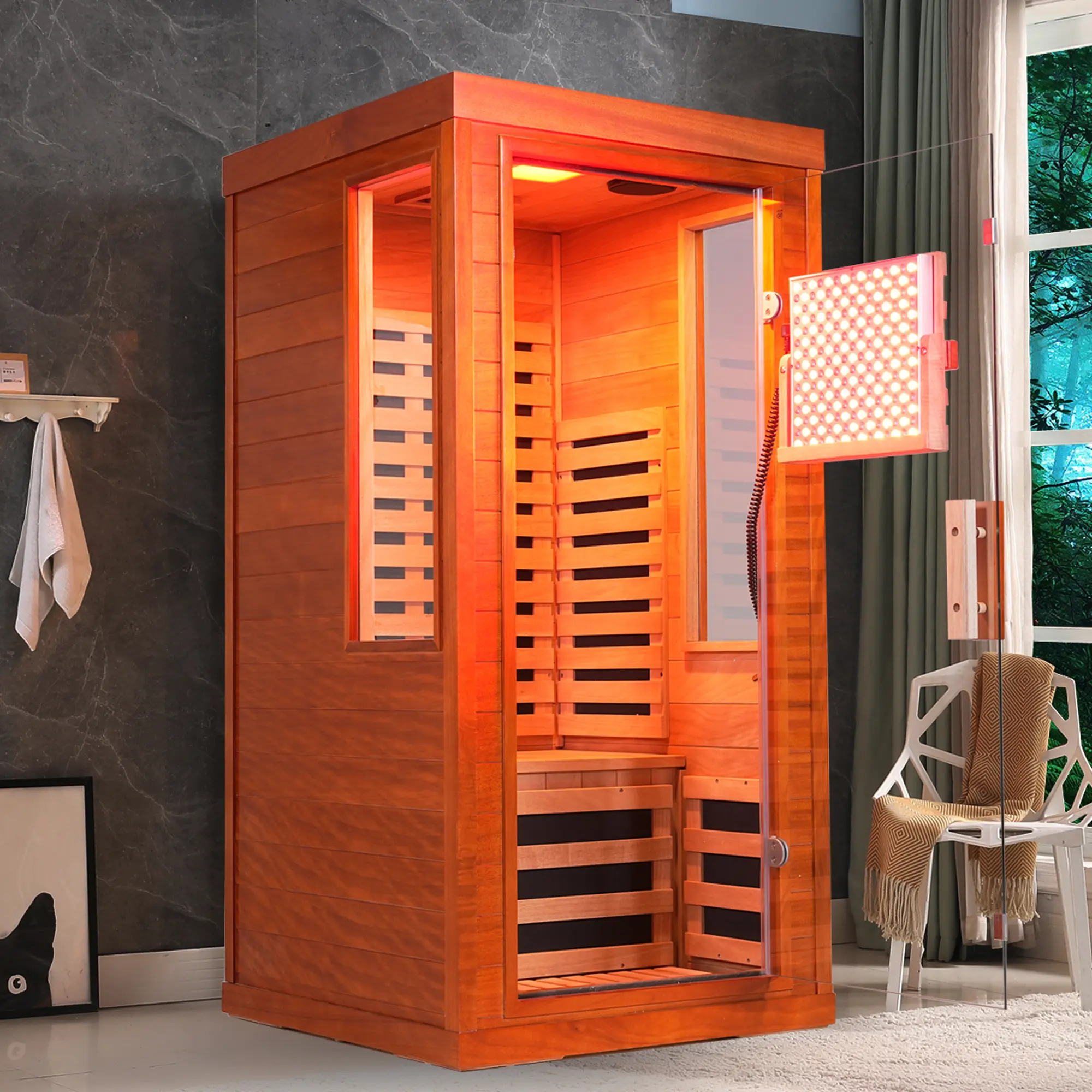 Nokaa One Person Far Infrared Sauna with Red Light Therapy, 31.5x31.5x63.3 Inch Solid Okoume Wood, Bluetooth Music, 7-Color Lighting, Low EMF Carbon Fiber Heating, Home Spa Relaxation, Natural Finish