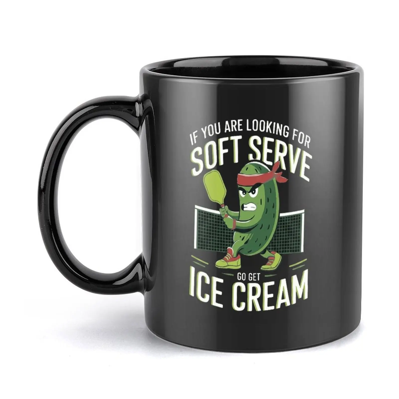 Pickleball Black Ceramic Coffee Mug"If You Are Looking For Soft Serve Go Get Ice Cream" - Funny Cartoon Pickle Athlete Tea Cup, Humorous Pickleball Player & Coach Gift, Novelty Sports Mug for Men Women