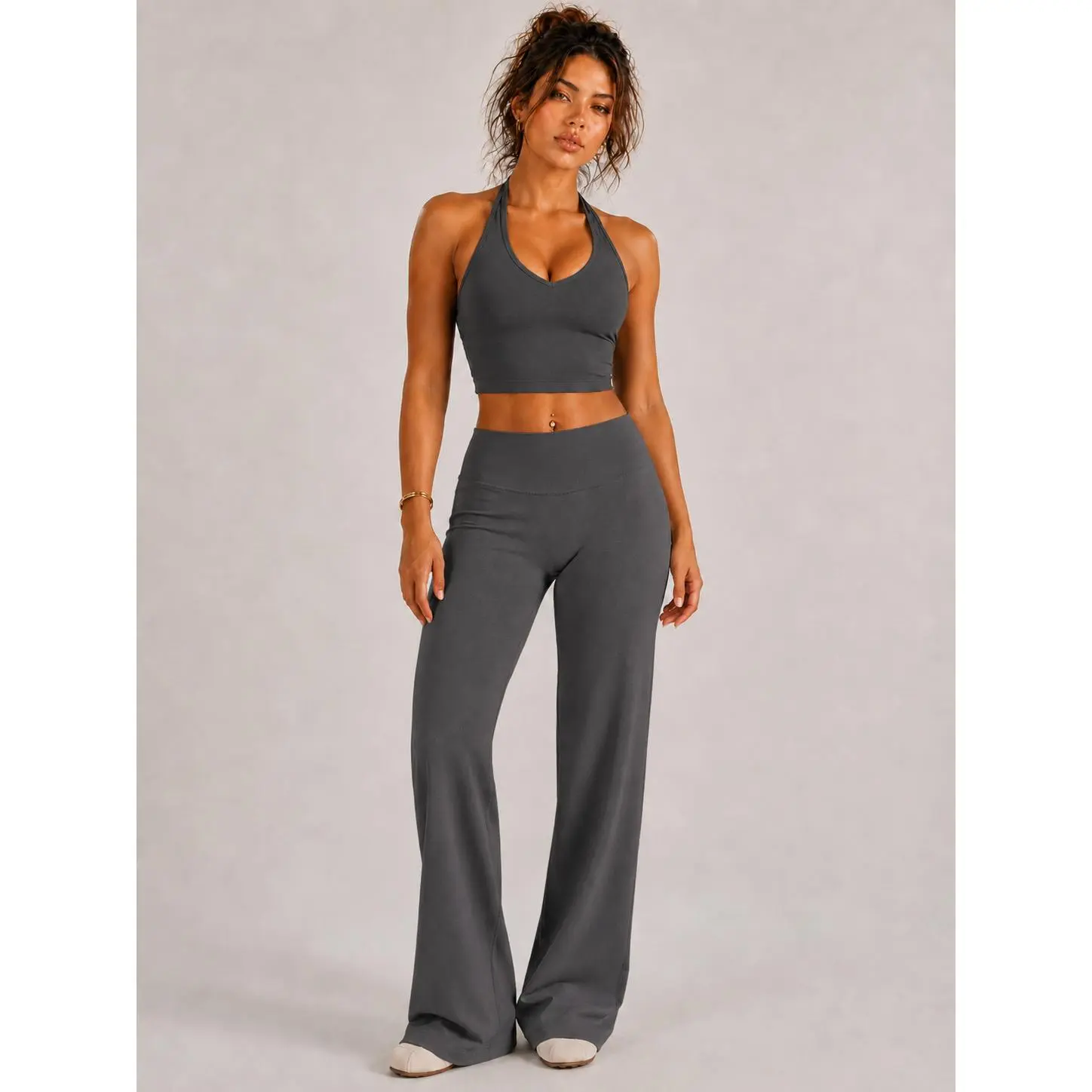 Women’s Buttery Soft Open-Back Yoga Set, High-Waisted Sculpting Flare Pants & Halter Tank 2-Piece Activewear Fitness Sets Sports Fitness Wear