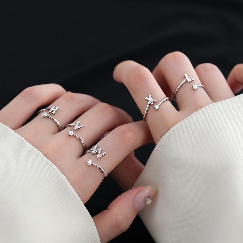 Silver Initial Rings for Women Non Tarnish Dainty Stackable Rings for Women Trendy Adjustable Capital Letter Cubic Zirconia Thumb Pinky Ring Unique Cute Open Birthday Gift Jewelry