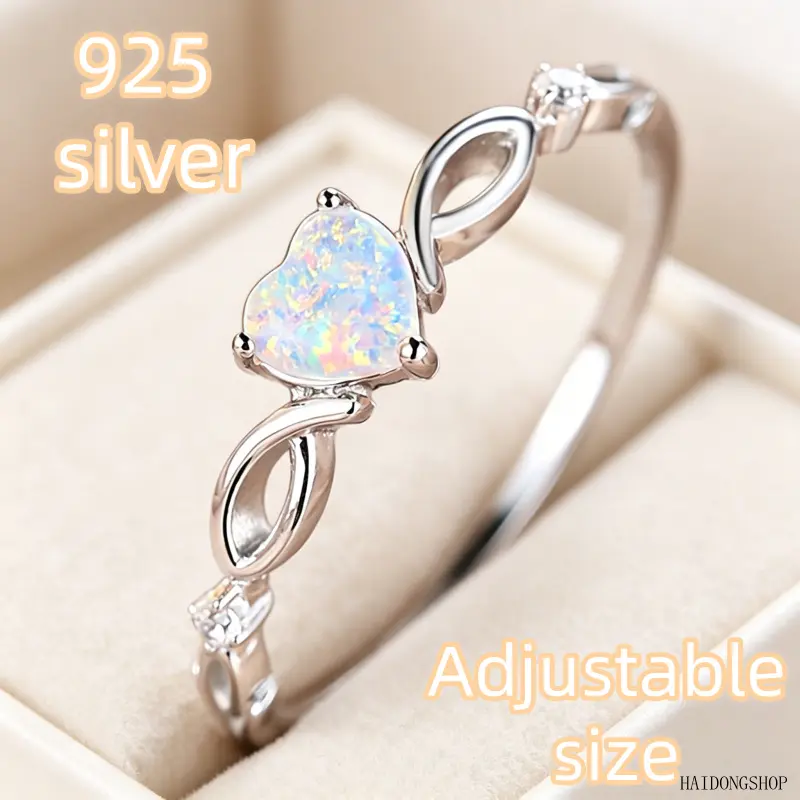 Women Adjustable Open Band Ring, 925 Sterling Silver Elegant Heart Opal Light Luxury Finger Jewelry, Delicate Trendy Statement Accessory For Daily Office Dating Outfits, Factory Direct Stock With Bulk Wholesale Available,fidget,spinner,